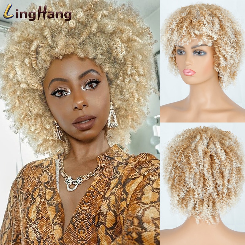 Linghang 12Inches Afro Kinky Krullend Pruik Synthetische Korte Pruik Met Pony Gemengde Bruin En Blond Pruik Voor Zwarte Vrouwen