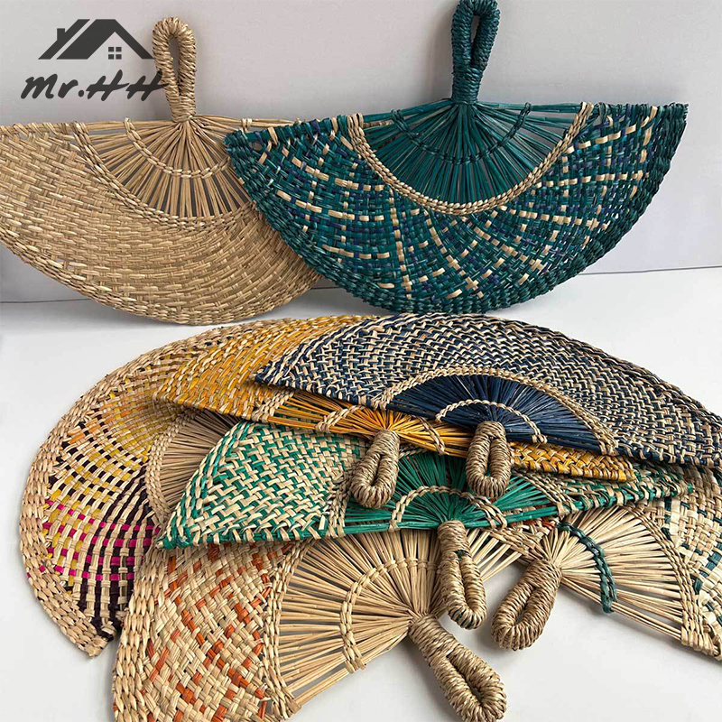 Hand-woven Straw Fan Decorative Handmade Semicircular Woven Fan Summer Cooling Fan Handheld Fan Home Decor