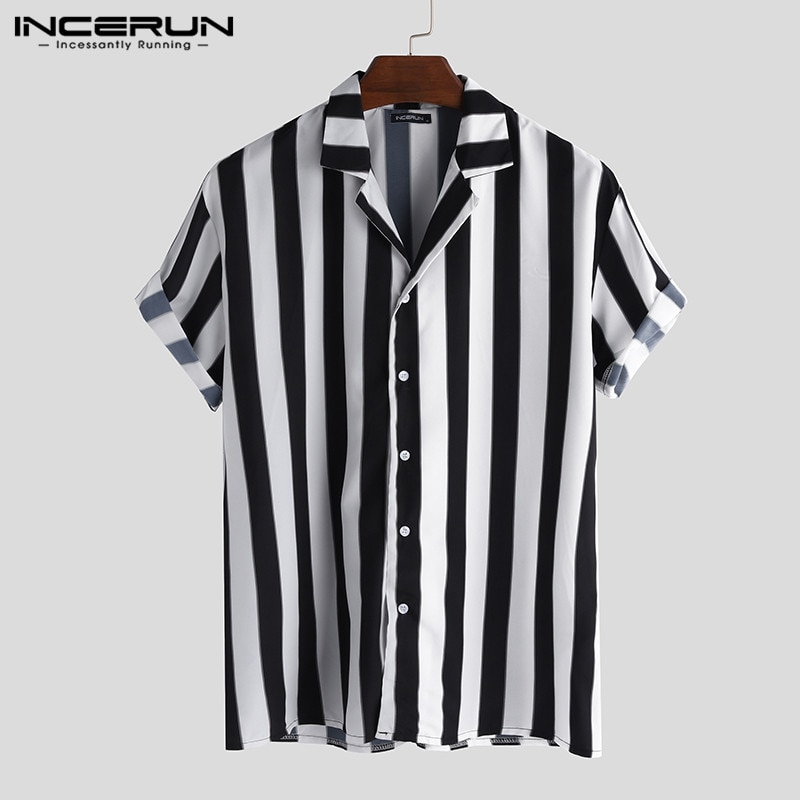 Incerun Mannen Gestreept Overhemd Casual Revers Hals Korte Mouw Knop Shirt Chic Losse Streetwear Blouse Chemise 2022: 5XL