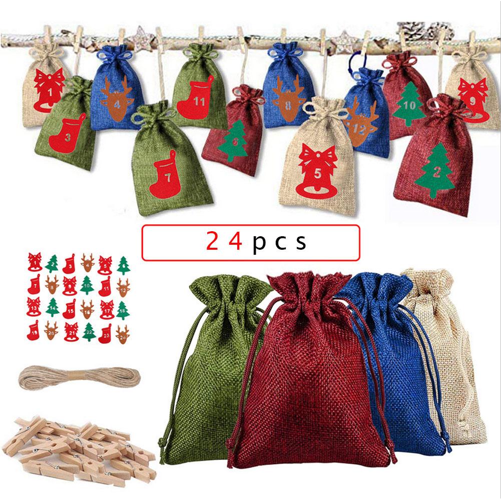 Christmas Pattern Candy Bag 1-24 Advent Bundle Calendar Countdown Jute Bag Candy Storage Pouch DIY Christmas Advent Calendar Bag: H