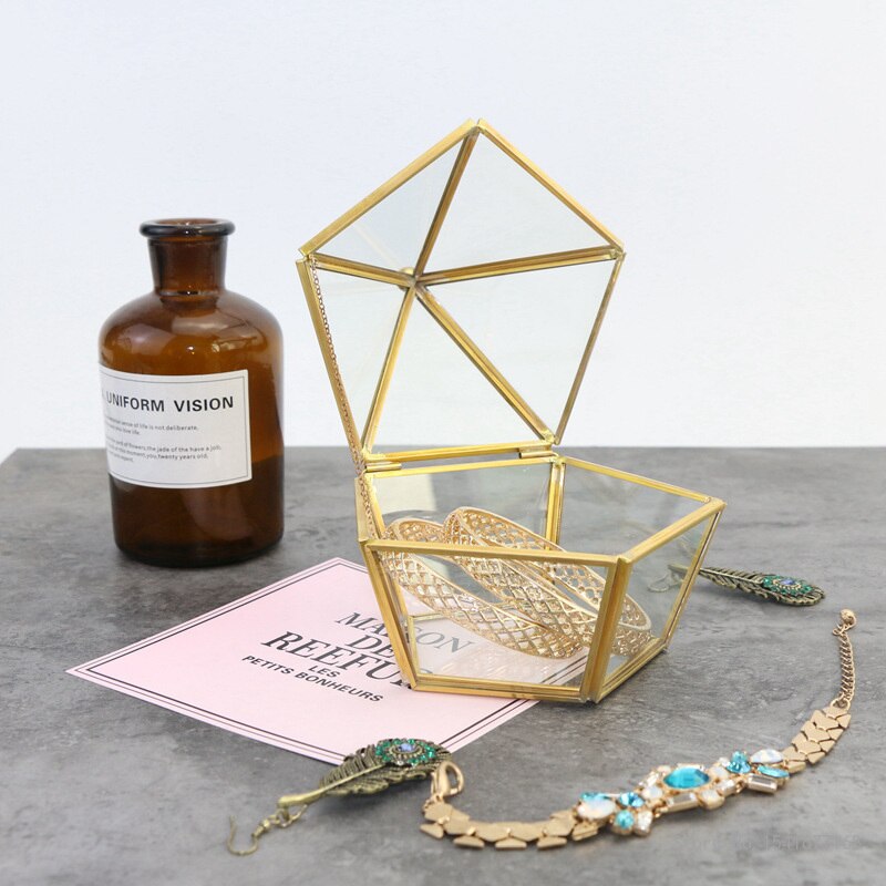 diamond shape storage box Phnom Penh geometric glass flower room cosmetics jewelry box glass + brass crafts ornaments