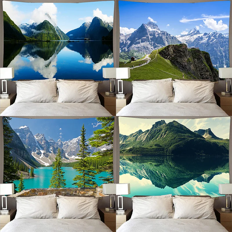 Tapiz de montañas y lagos, paisaje Natural, arte colgante de pared, tela fina, manta de techo para el hogar