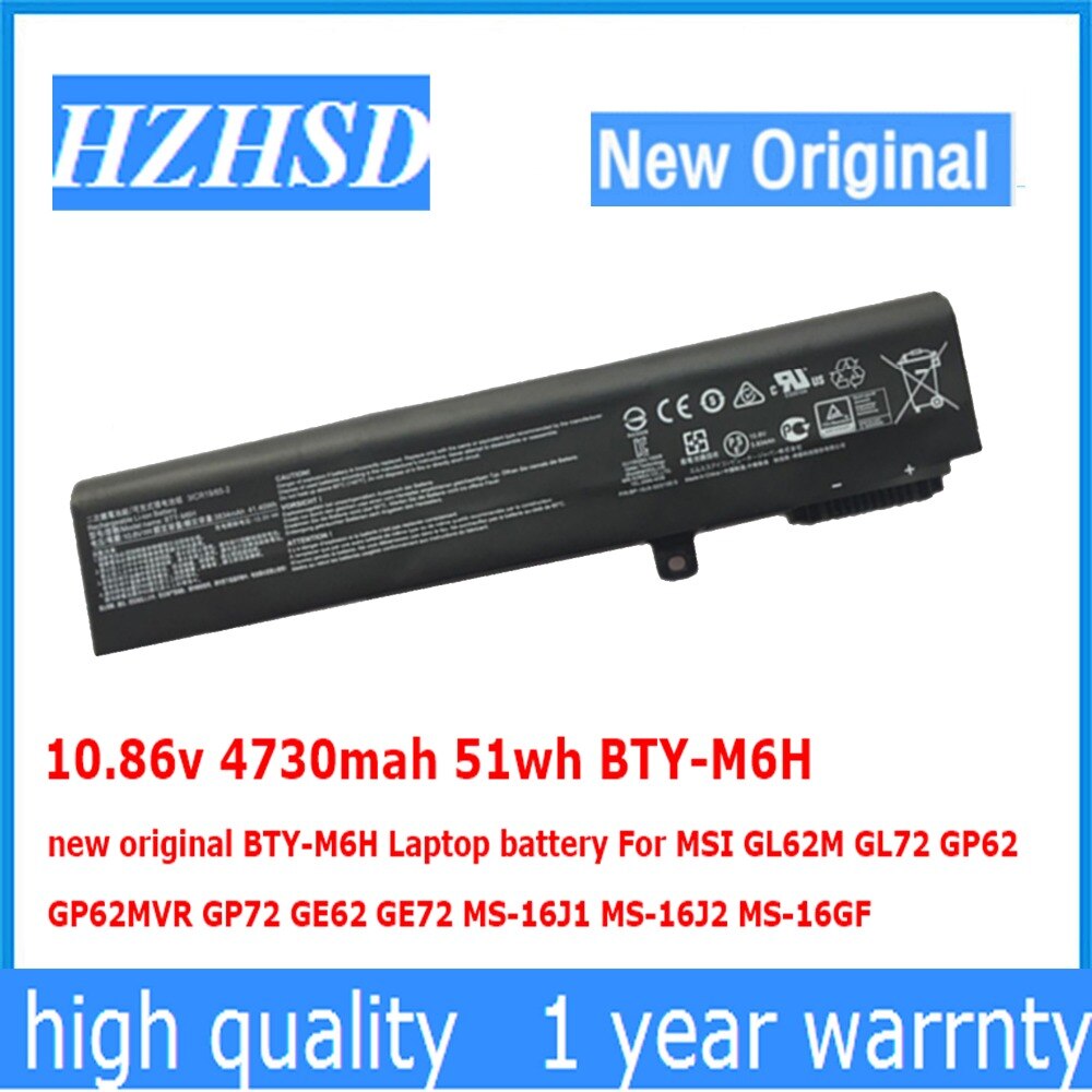 10.86V 4730Mah 51wh BTY-M6H Originele BTY-M6H Laptop Batterij Voor Msi GL62M GL72 GP62 GP62MVR GP72 GE62 GE72 MS-16J1