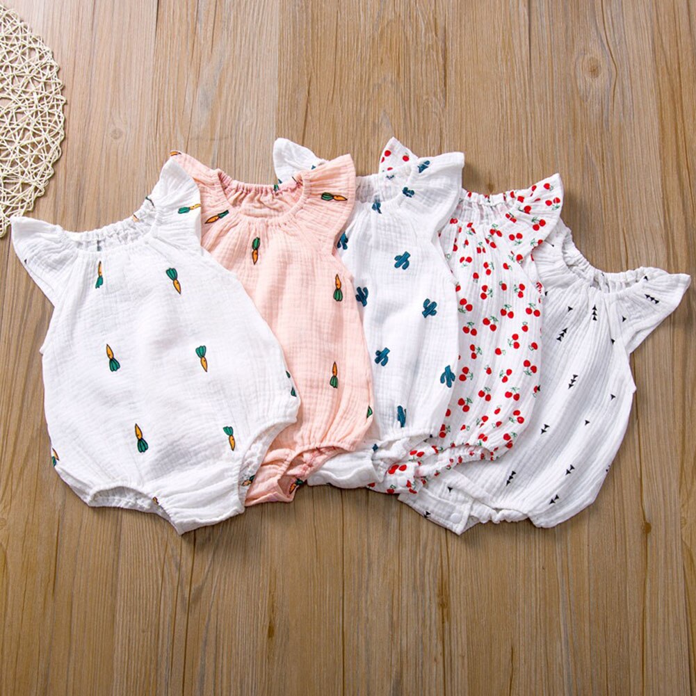 Bomuld linned baby piger romper tøj sommer blomsterprint flue ærmer småbørn børn jumpsuit one-piece outfits soldragt tøj