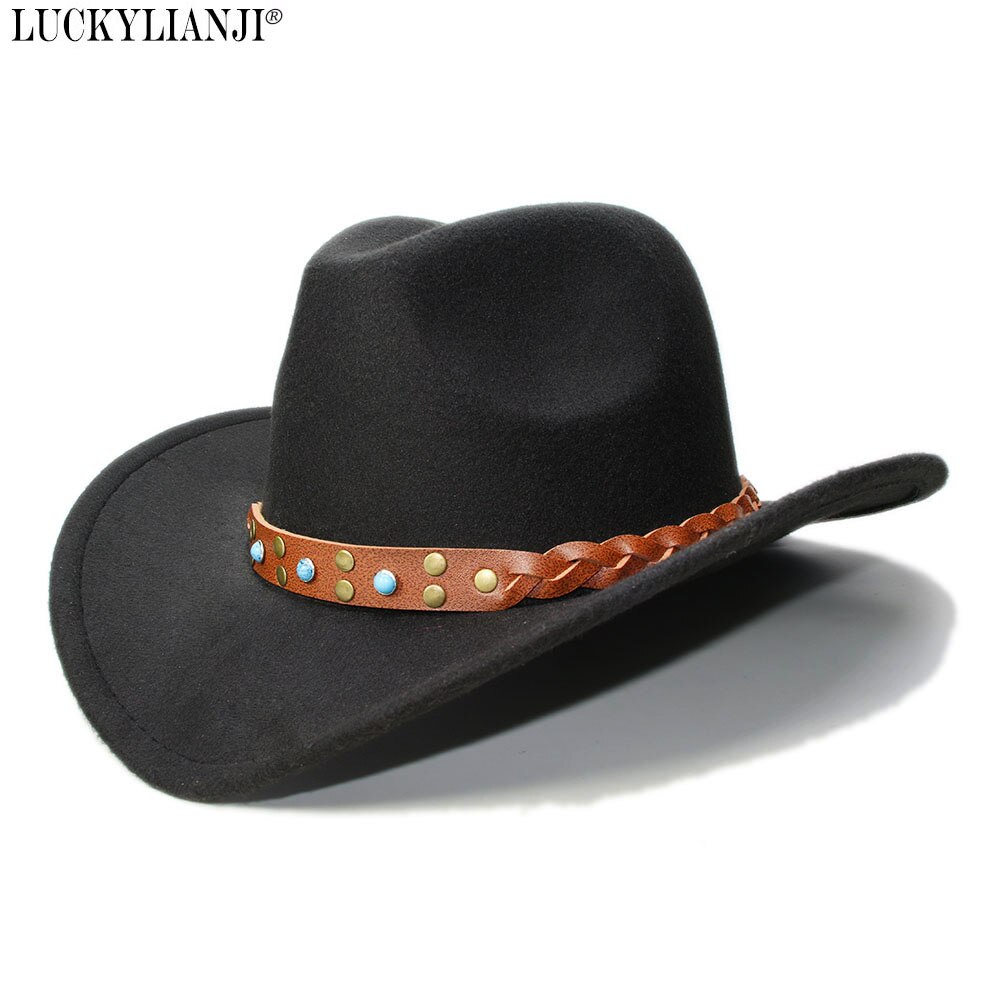 LUCKYLIANJI Womem Men Female Male's Wool Felt Western Cowboy Hat Wide Brim Cowgirl Braid Leather Band (One Size:57cm)