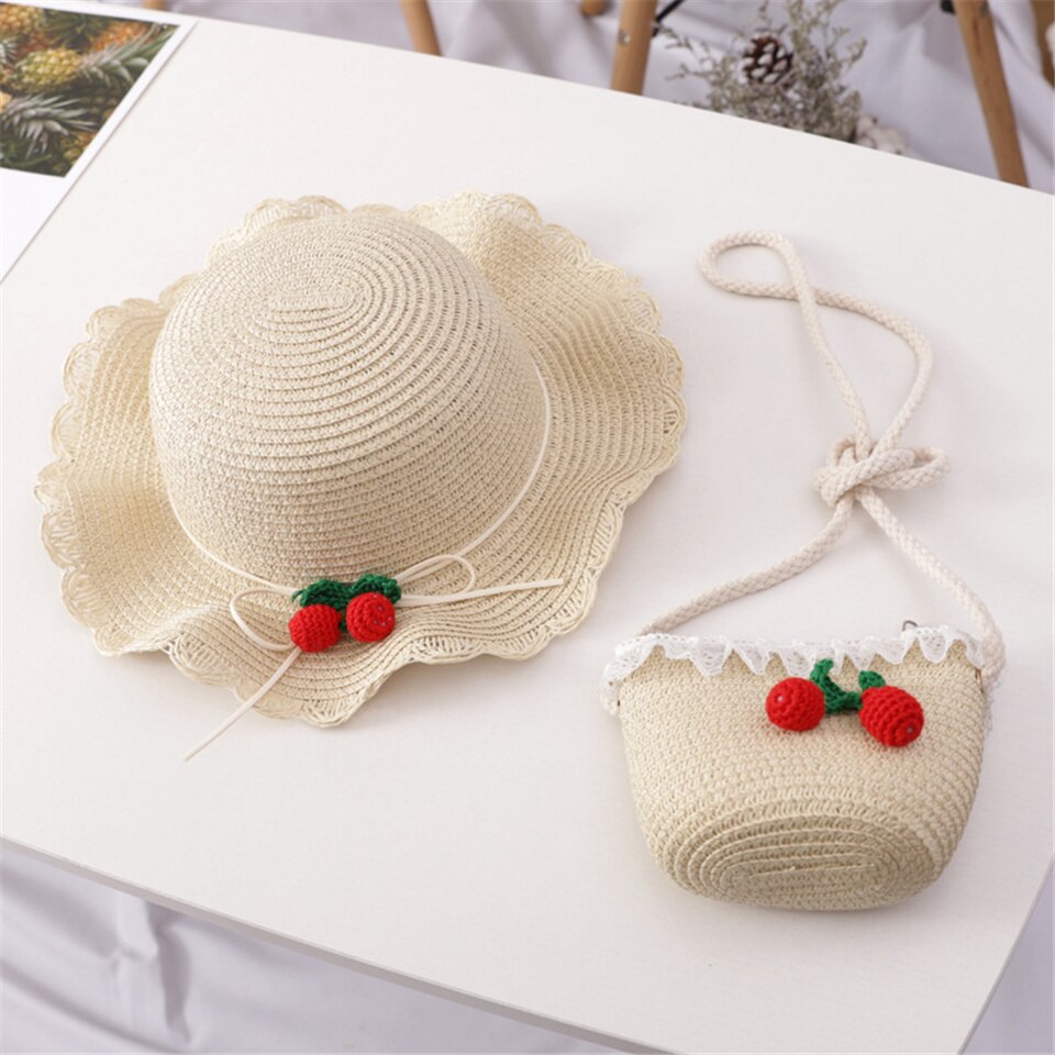 Baby Outdoor Sunscreen Straw Hat Straw Bag Set Cute Cherry Decoration Photography Fisherman Cap Lace Side Shoulder Straw Bag: Beige-Bag