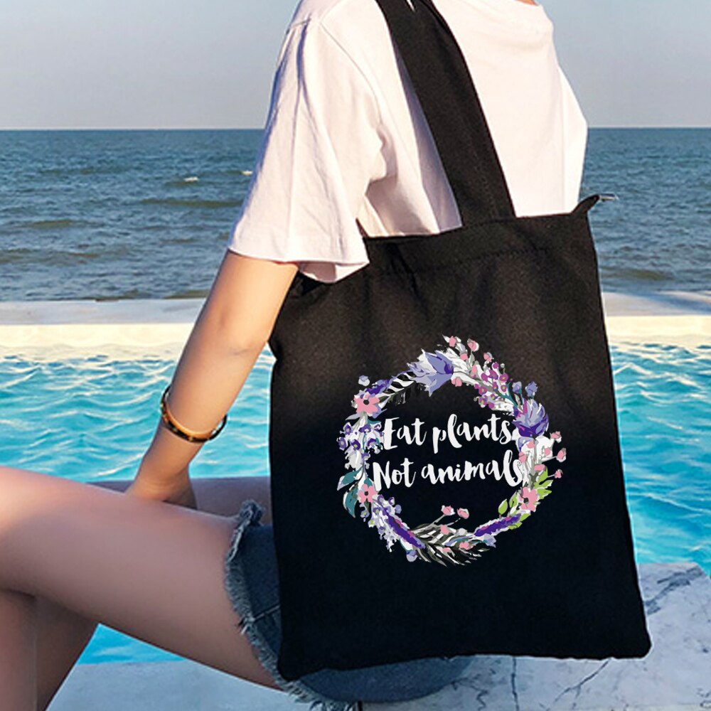 Kangaskassi vegaani graafinen painatus laukku suuret laukut kapasiteetti hauska olkapää ostoskassi tytöille harajuku ulzzang naiset