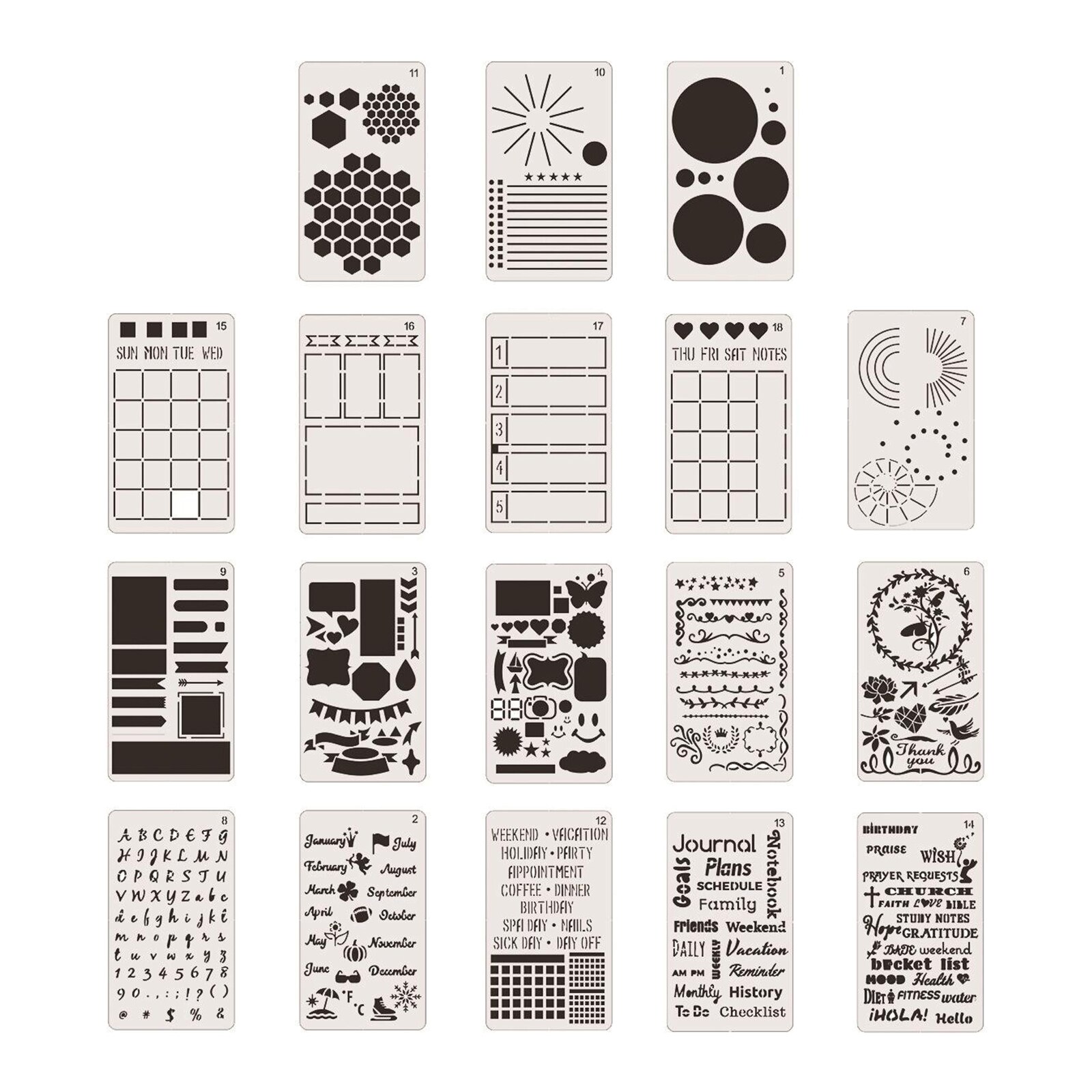 18 Pcs Plastic Stencils - 4" x 7" Plastic Planner Stencils Drawing Templates Set for Notebook, Diary, DIY Scrapbook