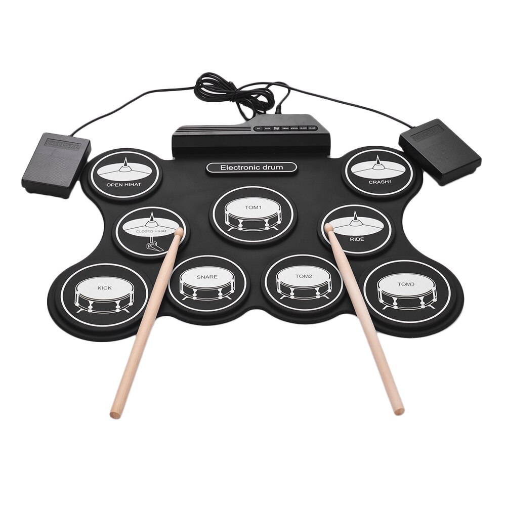 Portable Electronic Drum USB Digital Roll Up Drum Kit Set 9 Silicon Drum Pads with Drumsticks Foot Pedals for Beginners Children