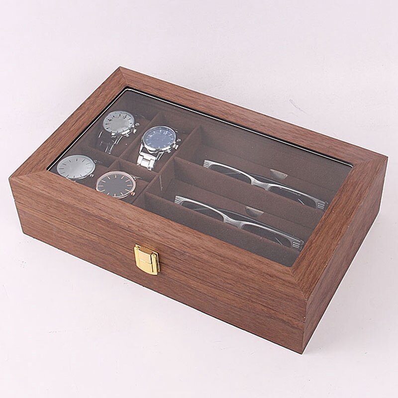 Houten 4 Cellen Horloge Vitrine, 3 Cellen Eyegl Display Organizer, Gl Overgoten Houten Horloge Vitrine