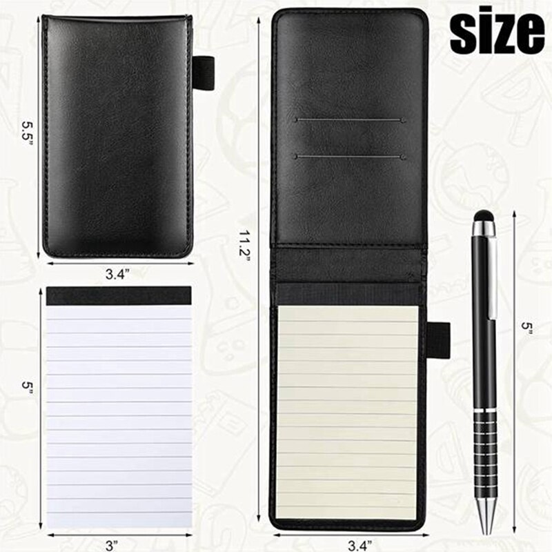 2 Pcs Black Mini Pocket Notepad Pu Business Notebook Notepad Multi-Function Notebook with Pen with 50 Lined Sheets