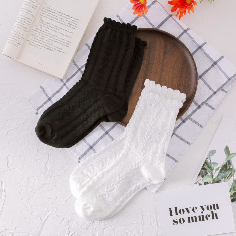 Summer Female Lace Black White Crew Sock Cotton Cute Japanese Jacquard College Women Girls kawaii Sweet