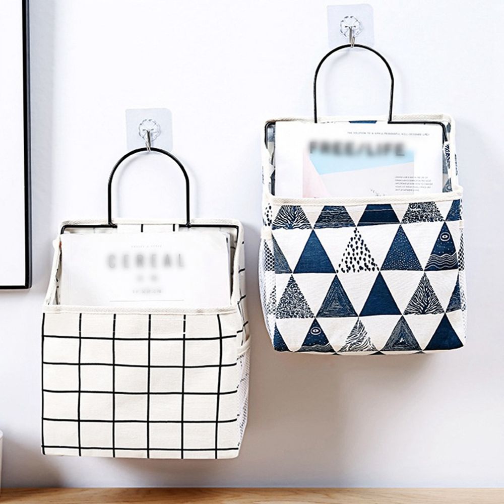 Panier de rangement en lin et coton, tissu imprimé à rayures simples, sac de rangement mural suspendu à la maison ou au bureau avec crochet