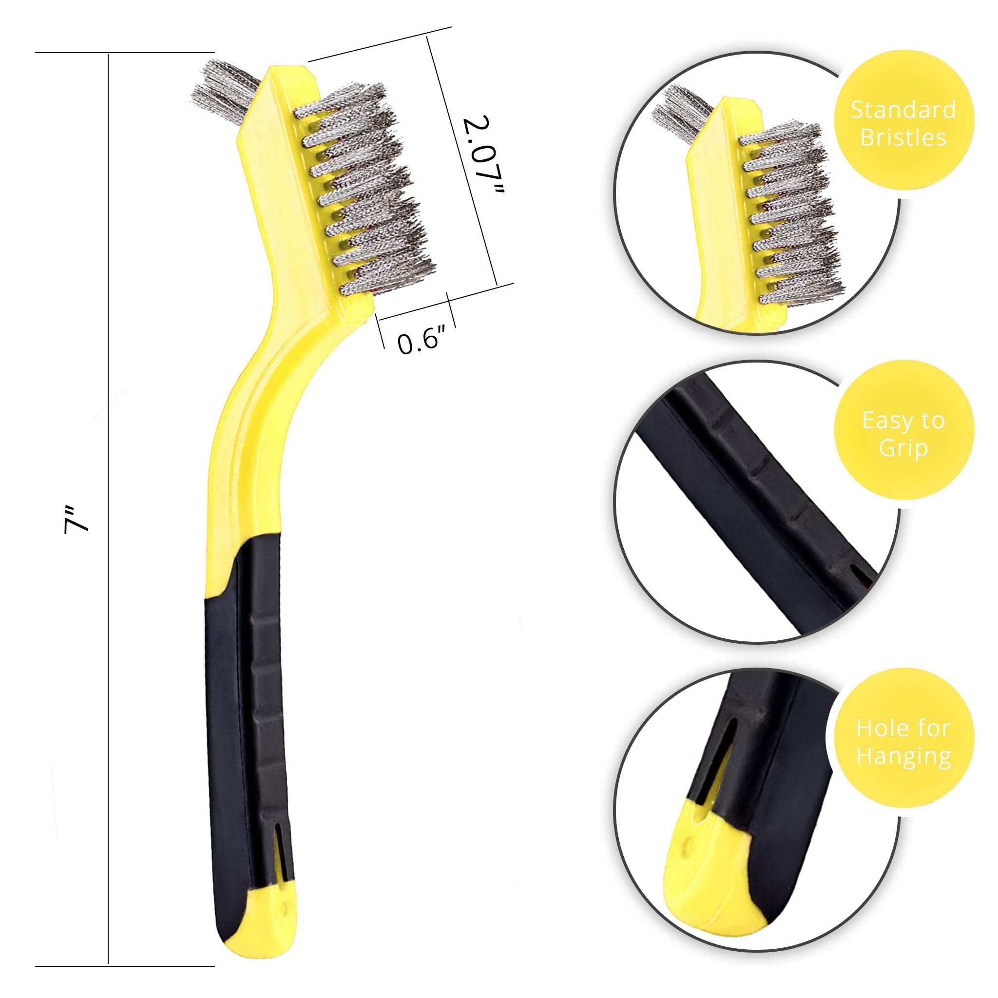 3Pcs Wire Brush Set, Wire Brushes for Cleaning Rust Removal，Brass/Nylon/Stainless Steel Brush with Curved Handle Grip