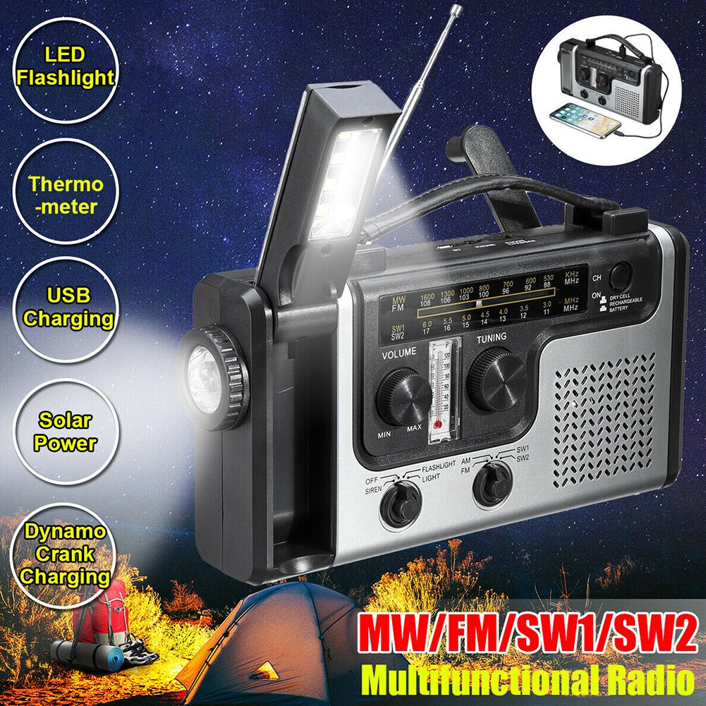 Portable Solar Powered Hand Crank Radio AM FM SW1 SW2 Multi-band Radio with Flashlight LED Reading Light Outdoor Emergency Radio