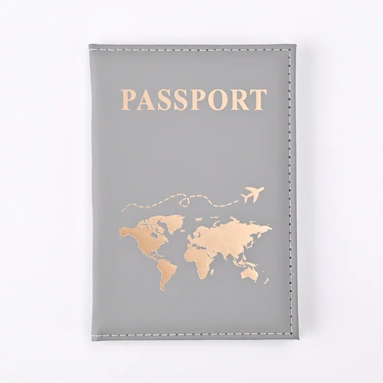 Funda dorada para pasaporte de viaje para hombre y mujer, funda de cuero PU con mapa de billetes, fundas para pasaporte, accesorios protectores para pasaporte: Gris
