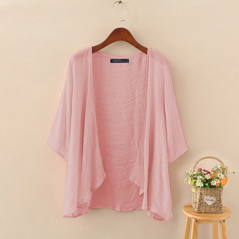 fest Strickjacken Frauen Sommer Bluse 2023 ZANZEA lässig Langarm Blusas Weibliche Dünne Tunika Spitzen Kimono Kap Plus Größe: XXL / Rosa