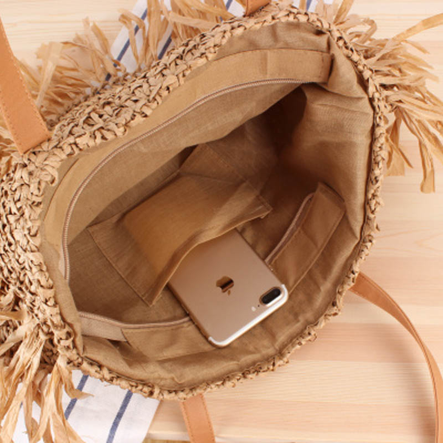 Bohemien Runde Quaste Frauen Stroh Tasche Spitze Papier Rattan Schulter Beutel Große Beiläufige Handtaschen Sommer Strand gewebte Geldbörsen