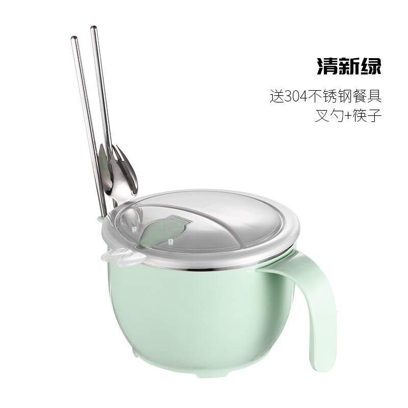 304 Rvs Instant Noodle Kom Studenten Slaapzaal Draagbare Container Japanse Stijl Grote Volume Met Eetstokjes Lepel: 304 plus Spoon Chopsticks Instant Noodle Bowl  Green 