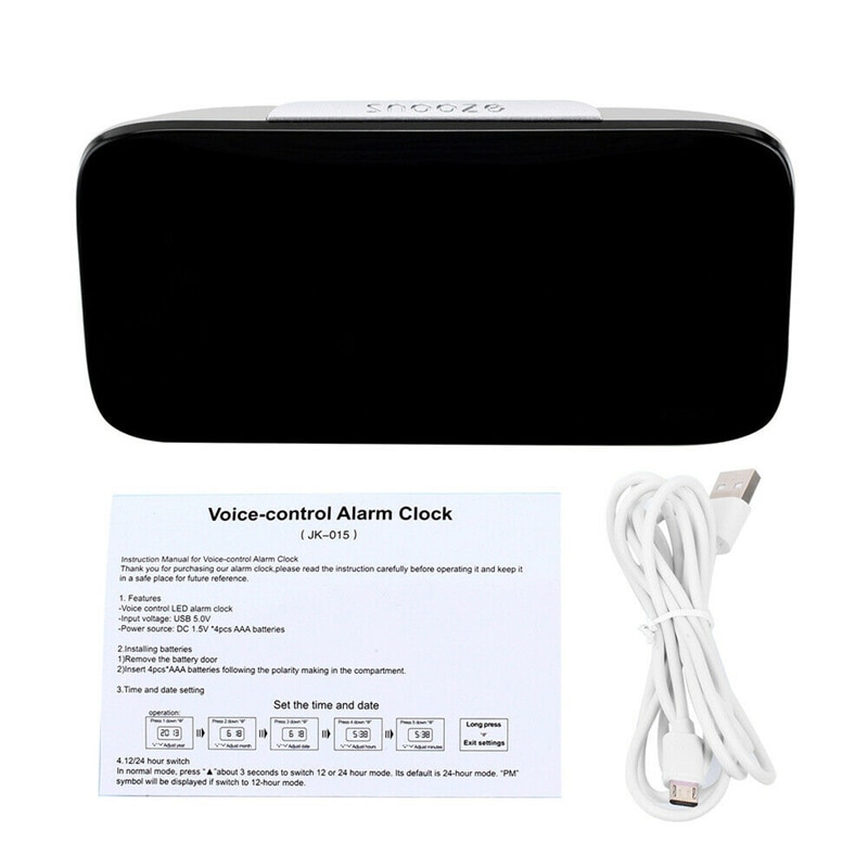 USB LED Digital Alarm Clock Snooze Large LCD Display Battery Powered Voice Control Hourly Chime Multi-Function Alarm Clocks