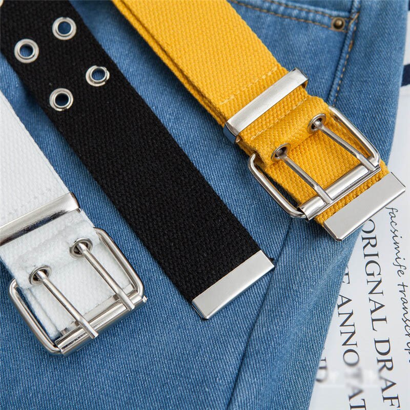 Punk Casual Canvas Unisex Riem Dubbele Rij Gaten Pin Vierkante Gesp Taille Riem Wit Zwart Student Vrouwen Mannen Jeans tailleband
