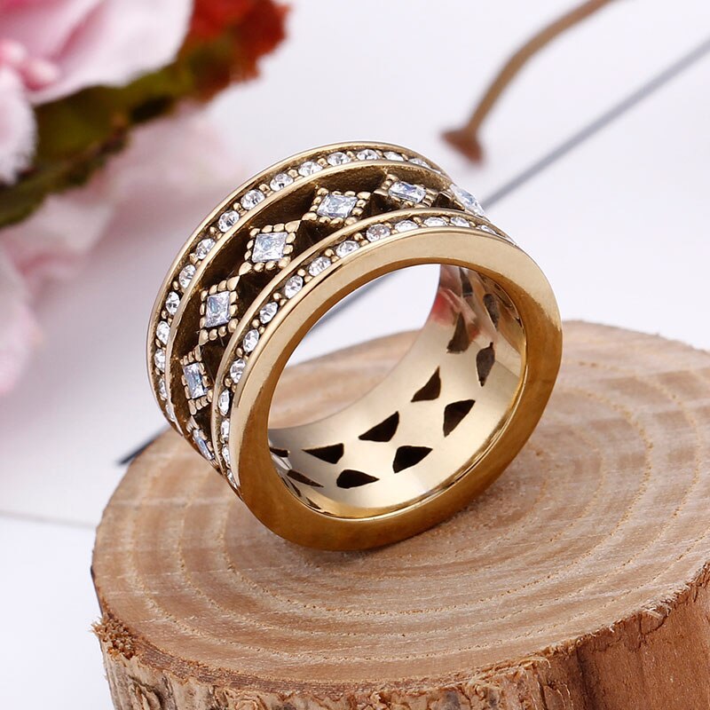 Edelstahl Jahrgang Gold Farbe Breiten Ring Stapeln CZ Steine Hochzeit Ring für Frauen Partei Schmuck 12mm