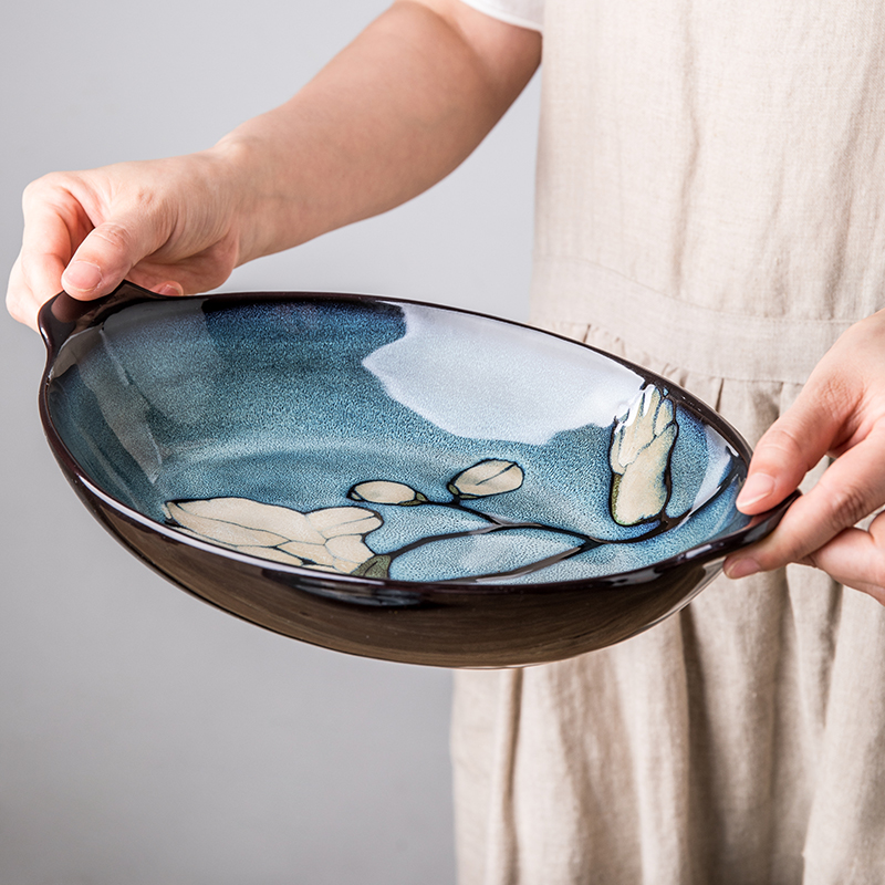 Chinese hand-painted 8-inch double-eared fish plate household fish plate ceramic soup plate oval boat-shaped steamed fish plate