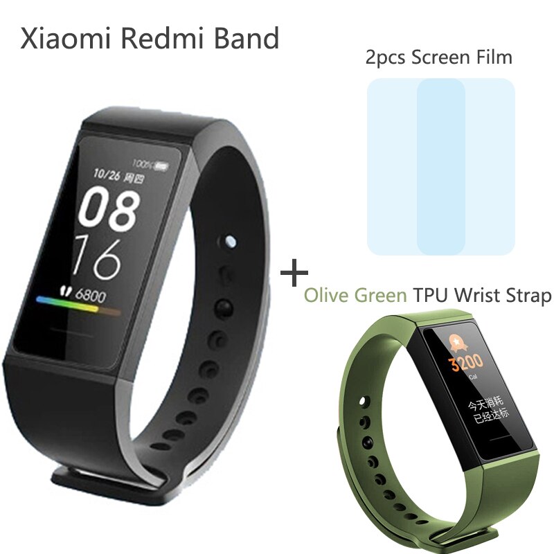 Original Xiaomi Redmi Band Smart Wristband Heart Rate Fitness Sport Tracker Bracelet Multiple Face 1.08 Color Touch Screen: Black n Olive Strap