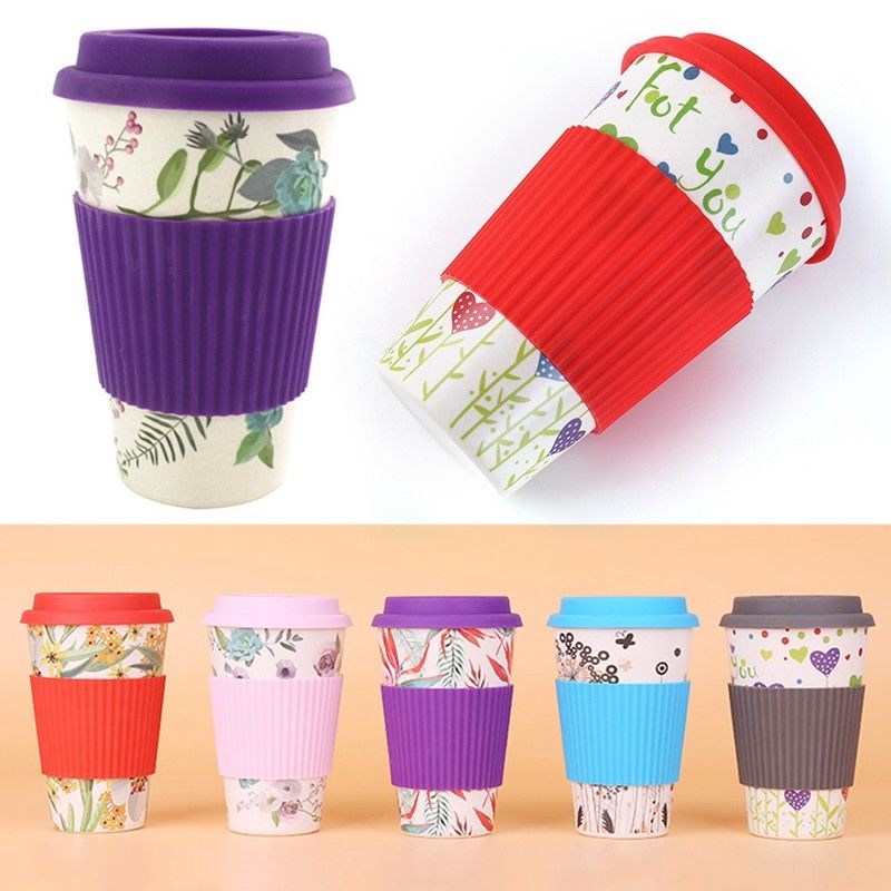 Portable Practical 400ml Reusable Bamboo Fibre Coffee Cups Fashionable Eco Friendly Printing Travel Mugs Useful