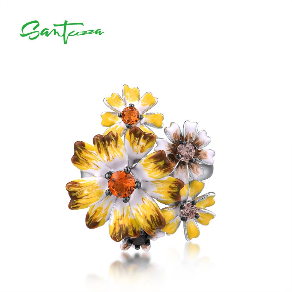 SANTUZZA Silver Rings For Women Genuine 925 Sterling Silver Handmade Enamel Yellow Flowers Trendy Party Fine Jewelry