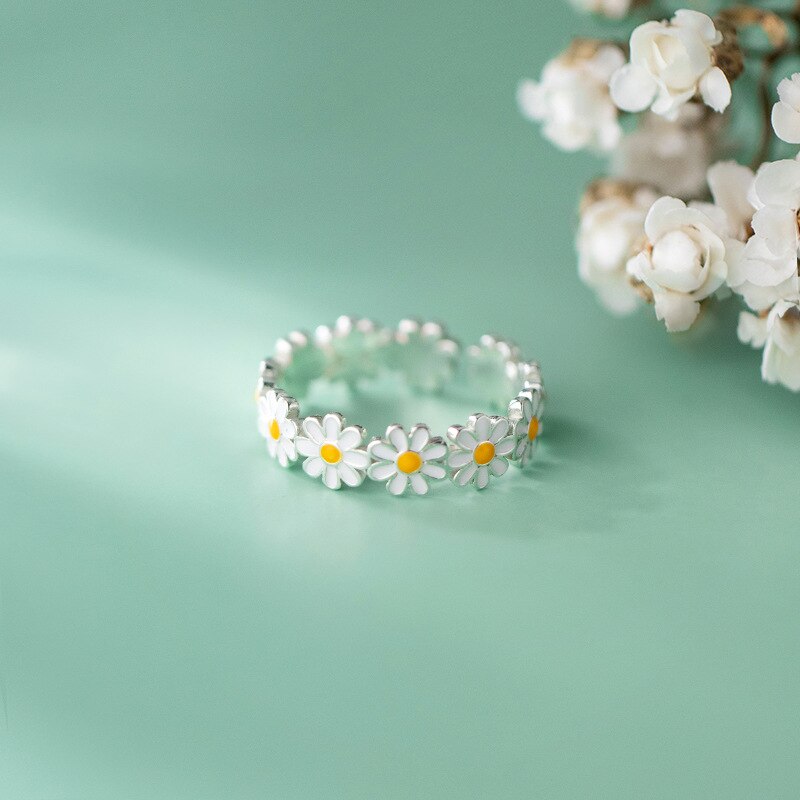 Echt 925 Sterling Zilveren Sieraden Lente Daisy Bloem Ring Vrouwen Koreaanse Stijl Verstelbare Opening Finger Ring Party