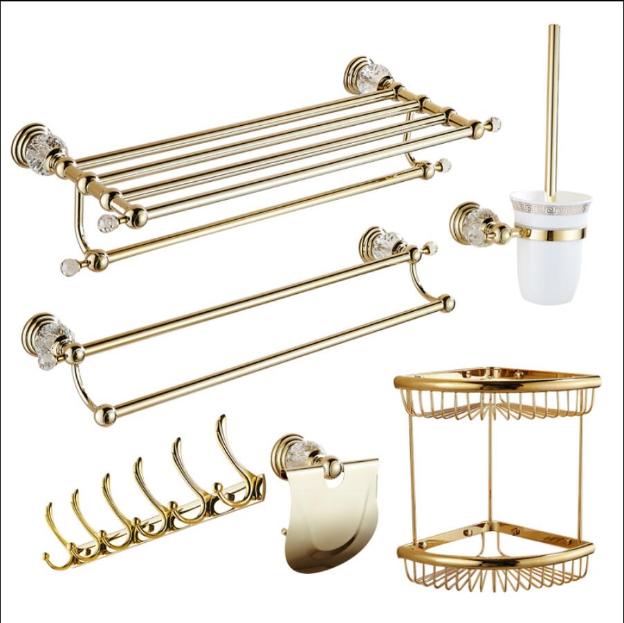 Clear Crystal Bathroom Accessories Sets Silver Polished Gold Towel Rack Toilet Brush Holder Solid Brass Bathroom Hardware Sets