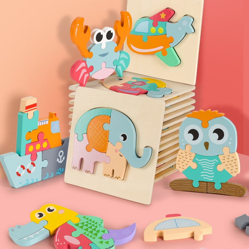 Baby 3D Wooden Puzzle Educational Toys Early Learning Cognition Cartoon Grasp Intelligence Puzzle Toys for Kids