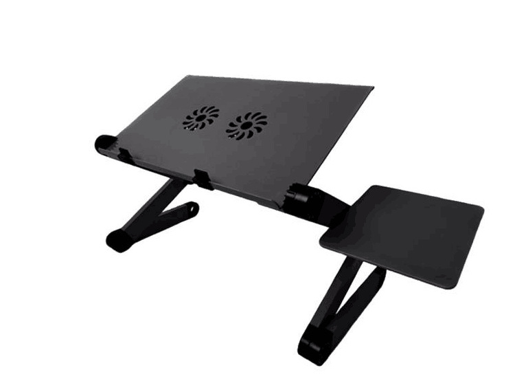 Mesa plegable de aleación de aluminio para ordenador portátil, soporte de escritorio con ventilador de refrigeración, doble ventilador, bandeja para cama, escritorio para oficina y estudio: Negro