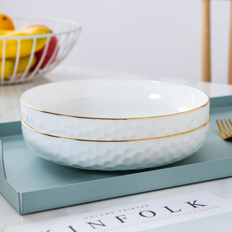 Golden Rim Bone China Dinner Plate Household White Deep Plate Ceramic Dumpling Plate Hotel Tableware Kitchen Supplies