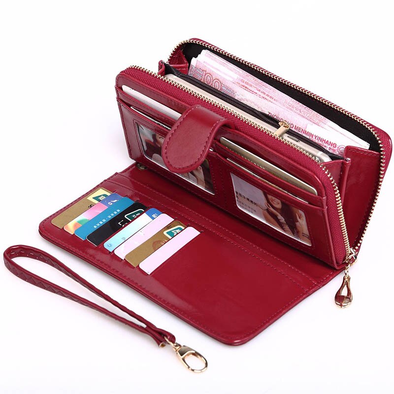 Women Oil Wax Leather Wallet Female Purses Big Capacity Zipper Purse Ladies Long Wristlet Clutch Coin Card Holder Wallet