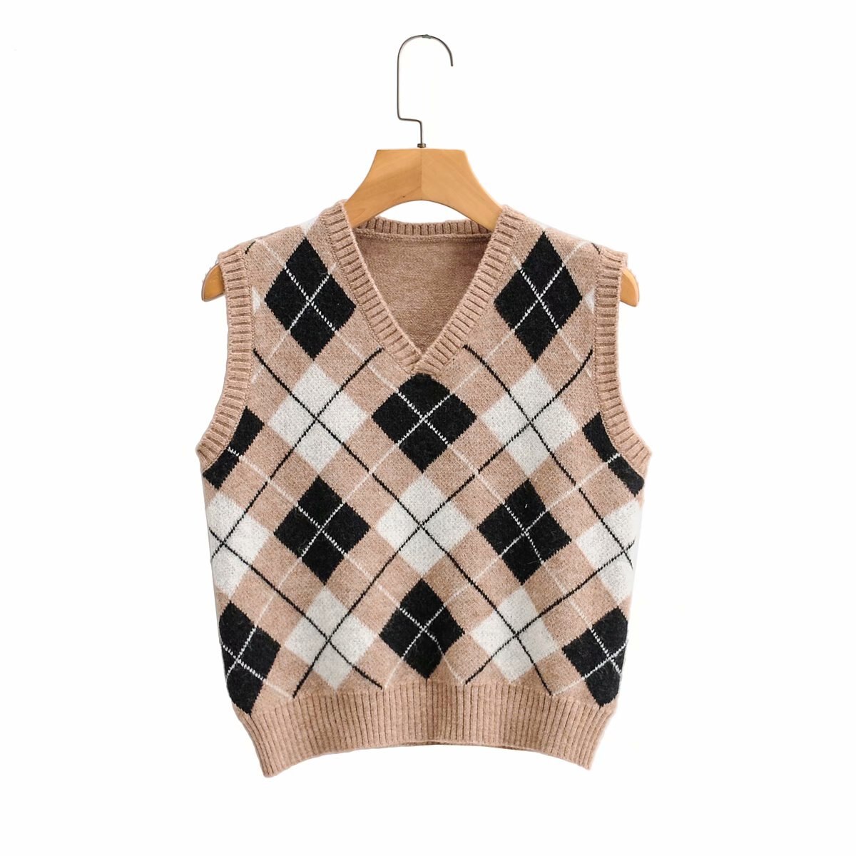 Efterårsstrikket tanktop kvinder vintage argyle sweater vest kvinder strik vest top cropped sweater veste plaid koreansk vest v-hals: Khaki