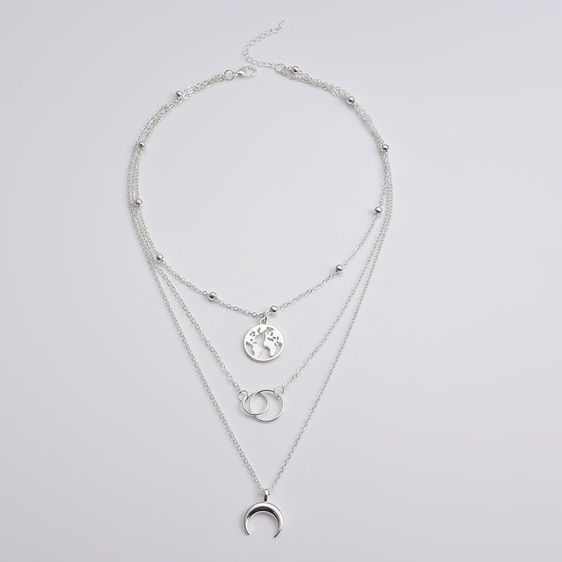 Multi-Layer Moon World Map Pendant Necklace For Women Gold Silver Color Necklaces Female Jewelry: Silver