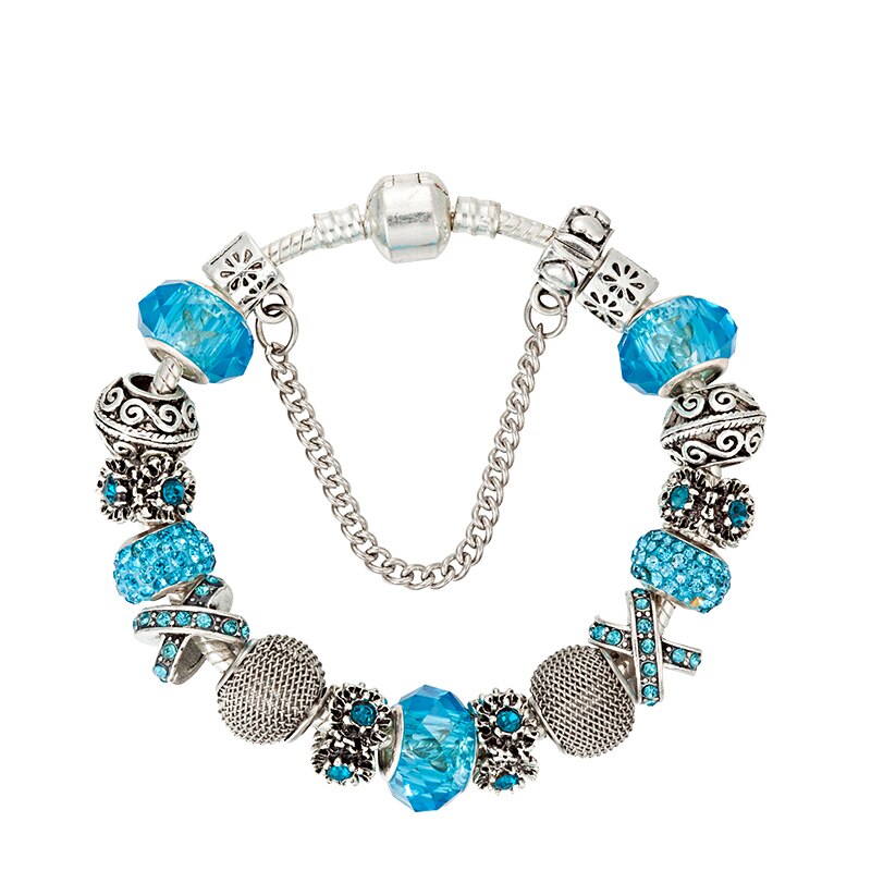 ANNAPAER Silver Color Beads of Flower Charm Bracelet & Bangles with Black Glass Beads Bracelet for Women Jewelry B17003