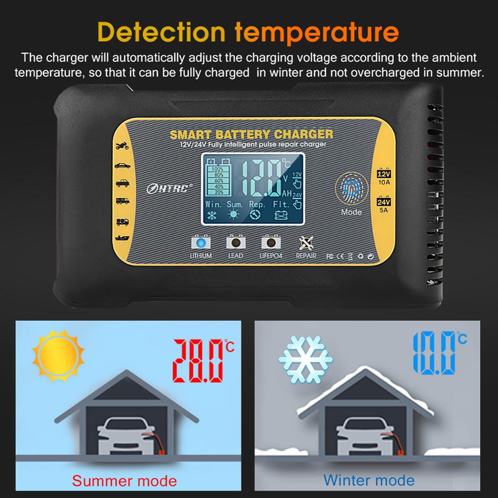 HTRC 10A 12V 5A 24V Car Charger Fully Intelligent Pluse Repair Smart Battery Charger For Lithium Lead-Acid LIFEFO4 AGM Battery