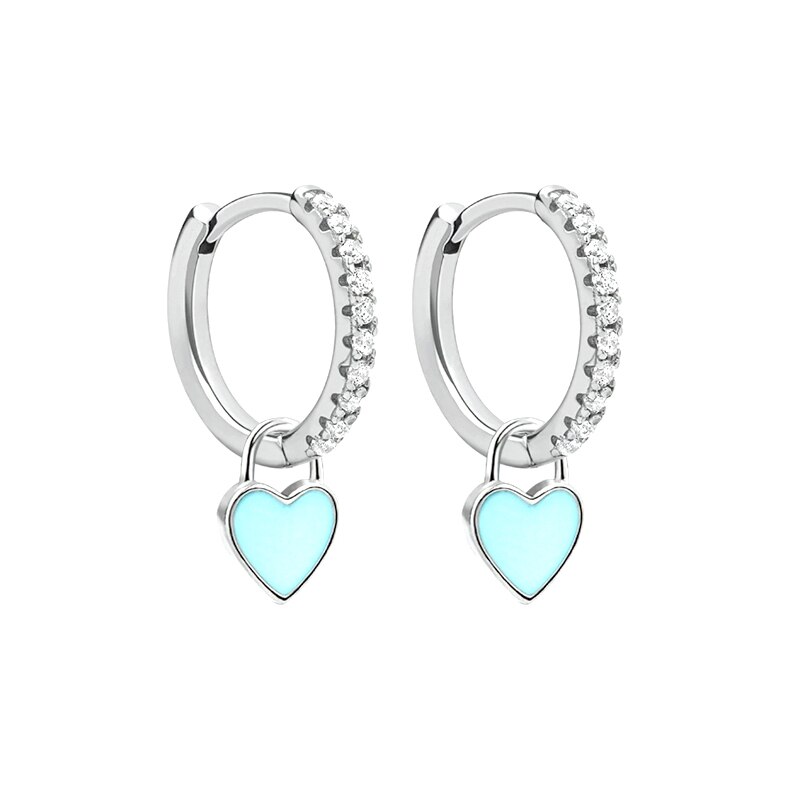 GS 925 Sterling Silver Hoop Earrings With Cute Candy Neon Color Enamel Heart Charm Earring Gold Silver Color For Girls: silver-blue