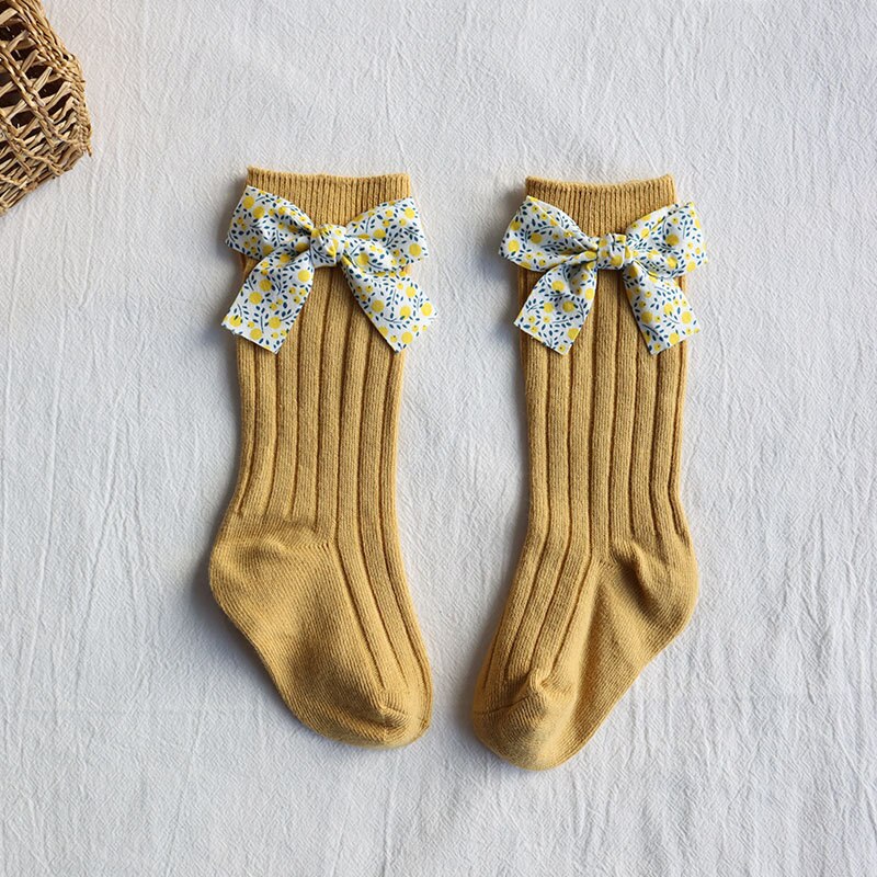 Autumn and Winter Products Soft Children's Socks Striped Floral Bow Socks Plain Medium-Long Stockings Baby Socks: Yellow