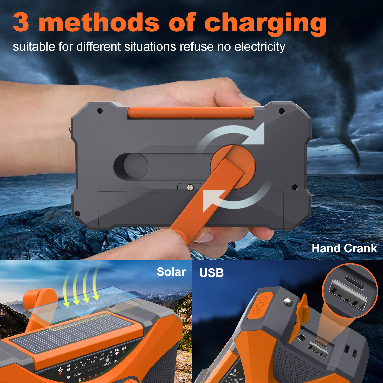 10000mAh Multifunctional Radio Hand Crank Solar USB Charging FM AM WB NOAA Weather Radio Emergency LED Flashlight Torch Power