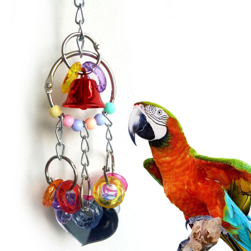 Bird Toy Pet Parrot Cage Toys Hanging Bird Chew Toys Mirror with Bell