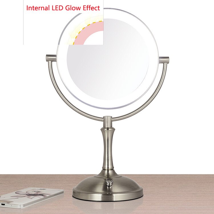 Miroir de maquillage métallique à 2 faces, 8 pouces, avec lampe LED grossissante 3X 5X 10X, pour cosmétique, réglage de la luminosité