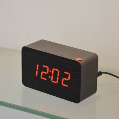 Fibisonic Houten Wekkers Met Thermometer, Geluidsregeling Hout Led Klokken, Digitale Bureau En Tafel Klok: black with red