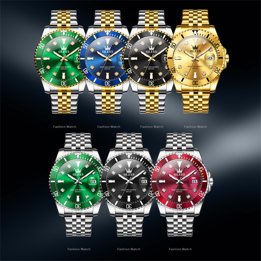 Olevs Originele Luxe Mannen Horloge Kalender Groen Waterdicht Quartz Horloge Voor Mannen Rvs Band Lichtgevende Diamant Schaal