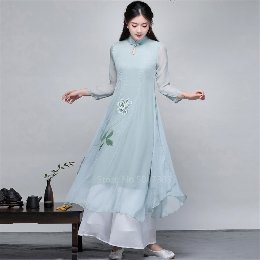 Kvinner ao dai langermet sommer chiffong vietnam kjole retro stativ krage cheongsam asiatiske klær te qipao