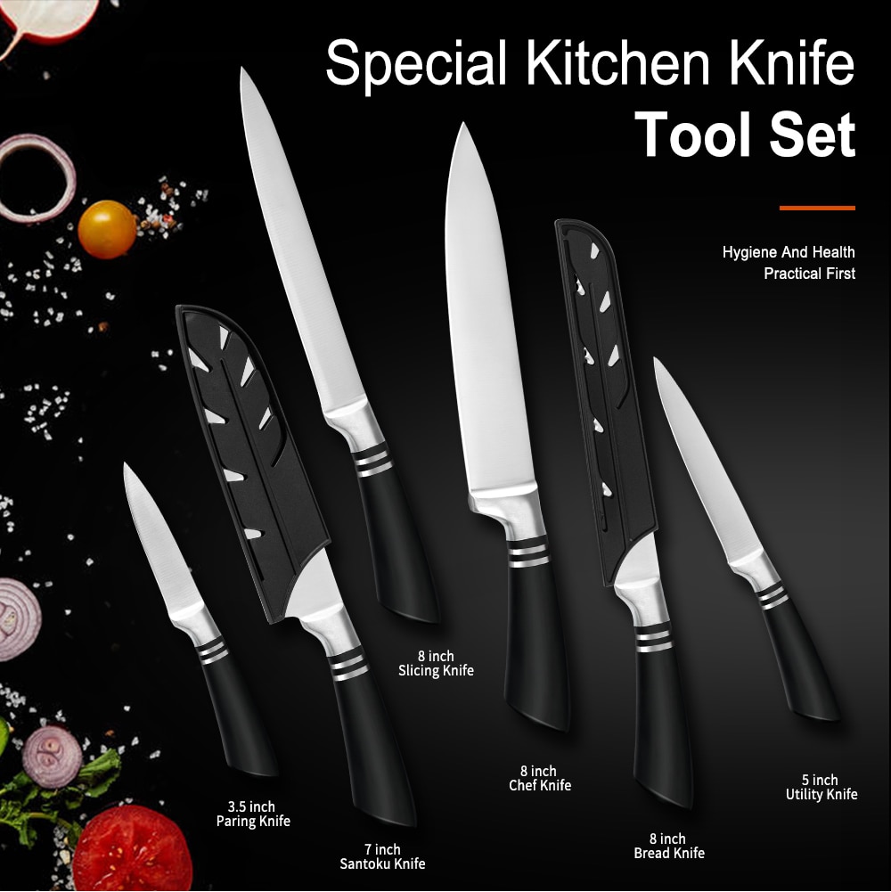Xyj køkken rustfrit stål 7 stk kokkekniv sæt 8 ' ' skærebrød kok 7 '' santoku 5 ''utility 3.5 '' vægholder til skærekniv