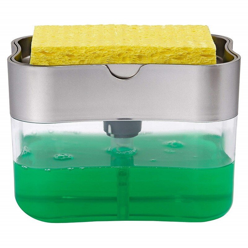 Distributeur de savon liquide pour la cuisine, distributeur de savon liquide, distributeur de savon de cuisine avec porte-éponge, caddie à éponge, distributeur de pompe à savon: Argent